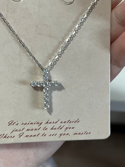 S925 Sterling Silver Cross Necklace with Cubic Zirconia Inlay