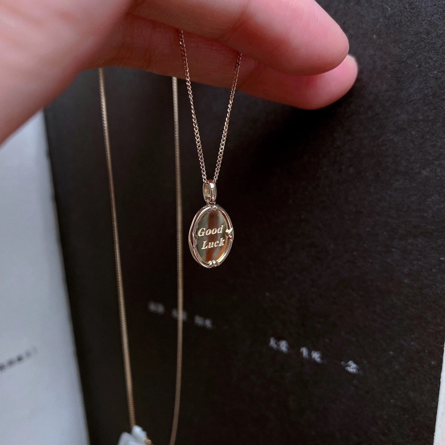 S925 Sterling Silver Plated with 14K Gold GOOD LUCK Oval Pendant Necklace