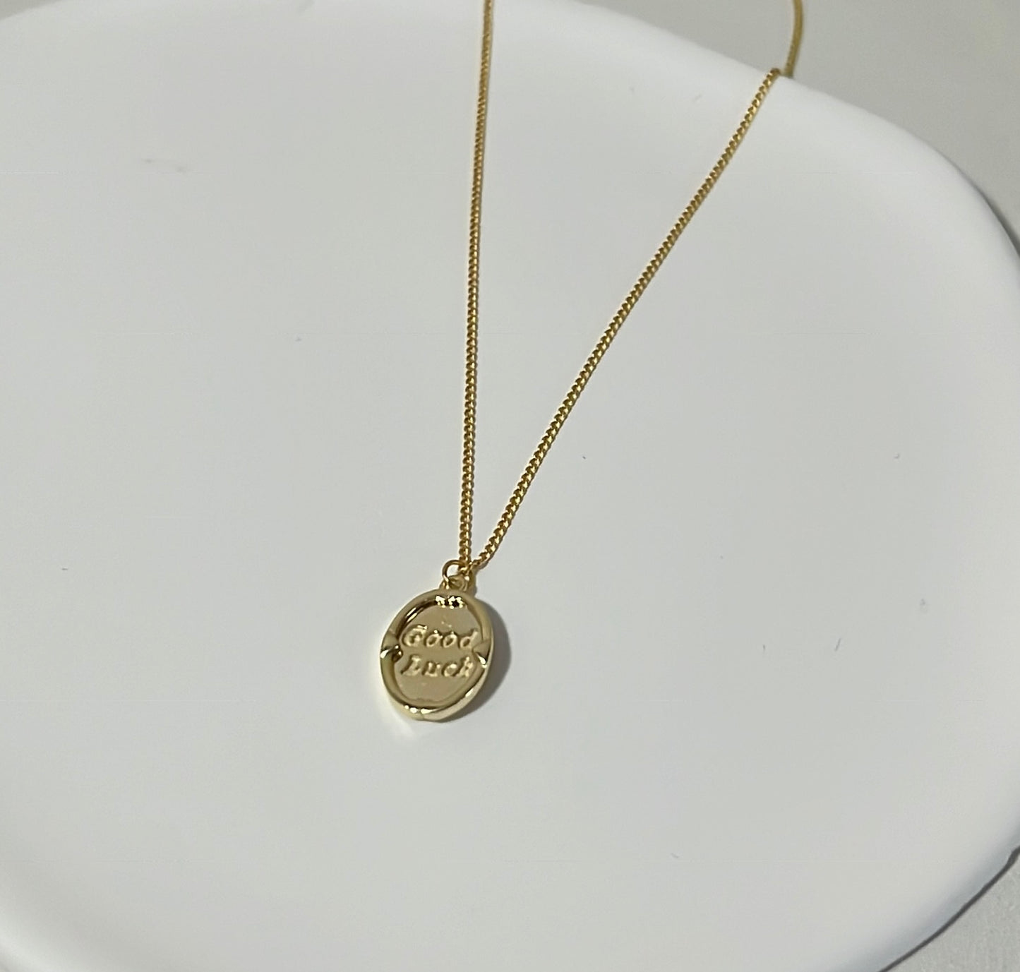 S925 Sterling Silver Plated with 14K Gold GOOD LUCK Oval Pendant Necklace