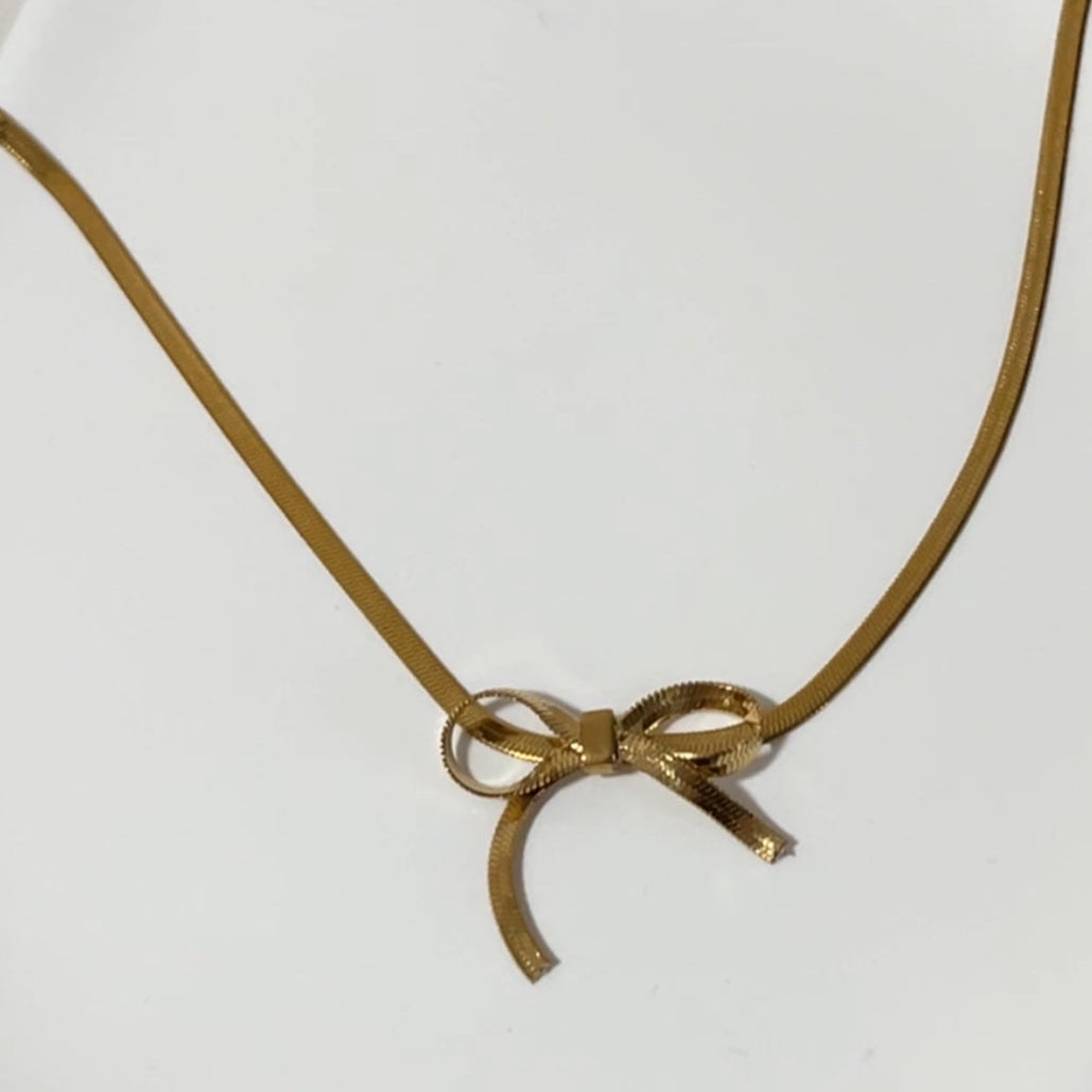 Titanium Steel 18K Gold Bow Short Necklace, Bracelet and Earrings