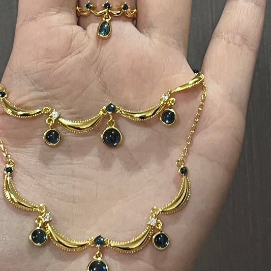 S925 sterling silver golden lace blue teardrop pendant necklace bracelet ring set