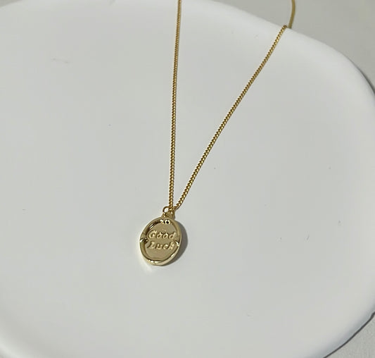 S925 Sterling Silver Plated with 14K Gold GOOD LUCK Oval Pendant Necklace
