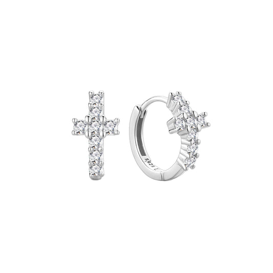 S925 Sterling Silver Cross Earrings with Cubic Zirconia Inlay
