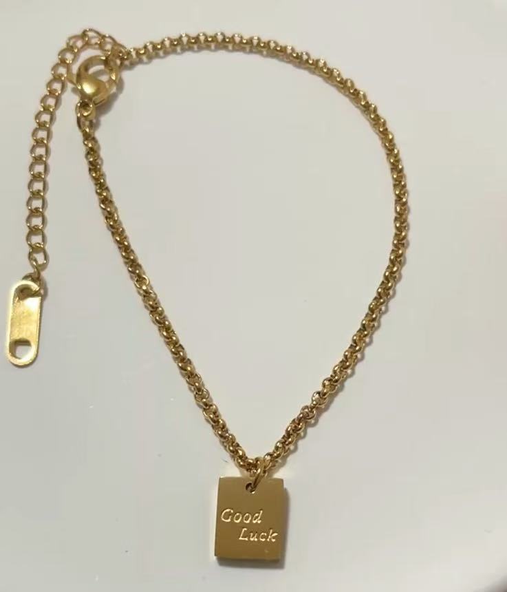 Titanium Steel Small Square Plaque "Good Luck" Lucky Bracelet